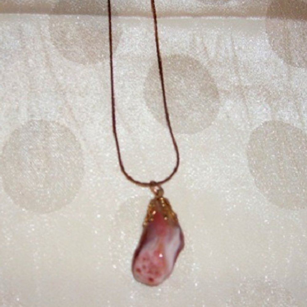 Necklace Pink/Brown Stone On Thin Gold-Tone 18" Chain Handmade Vintage